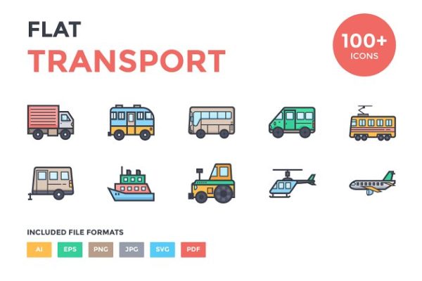 100+扁平化交通工具图标集合精选 100+ Flat Transport Icons Set