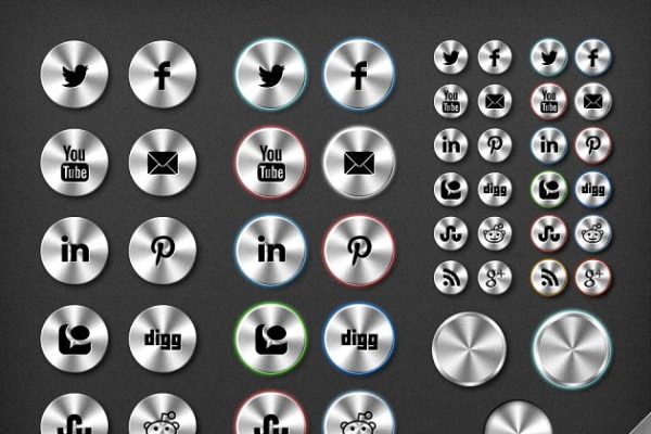 拉丝金属效果社交媒体图标 Brushed Metal Social Media Icon Set