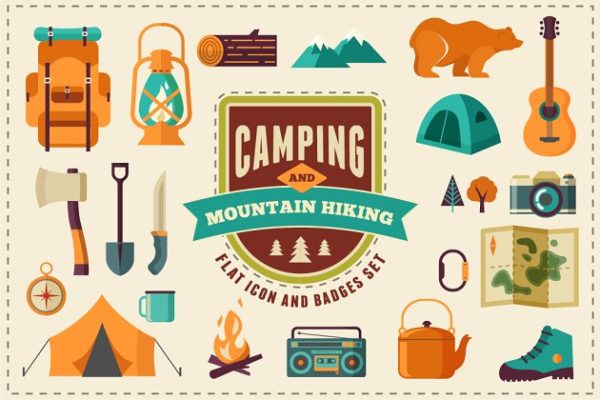露营和徒步扁平风格矢量图标素材图形集 Camping & Hiking flat icon set