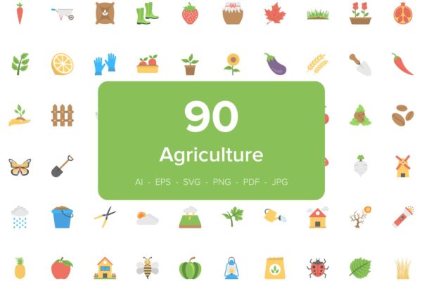 90枚农业主题扁平风格矢量图标素材 90 Agriculture Flat Vector Icons