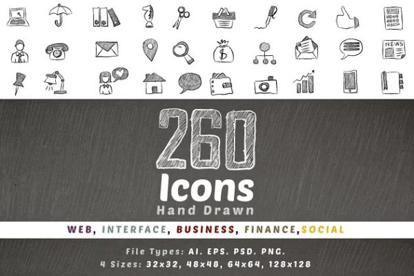 260枚铅笔手绘图标集合精选 260 Hand Drawn Icons