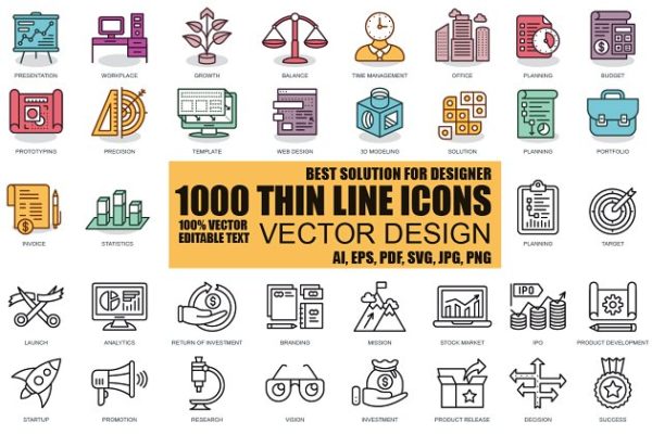 1000枚扁平化风格线条系列图标合集精选 Flat Line Icons