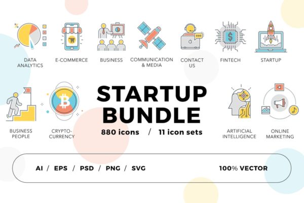 800+彩色线条矢量系列图标合集精选 Startup Bundle 800+ Icons