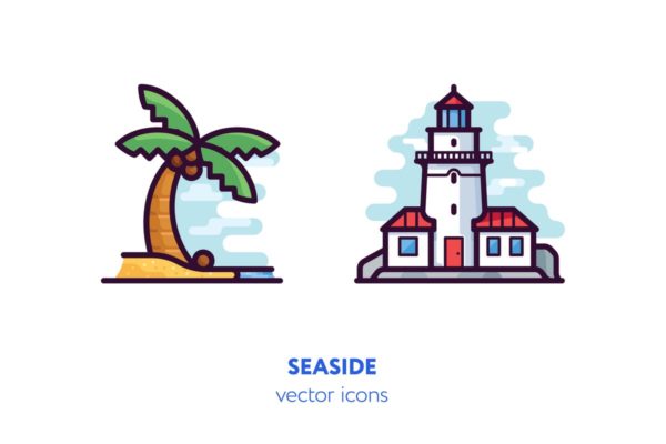 海滩沙滩主题手绘矢量图标素材 Seaside icons[AI, EPS, SVG]