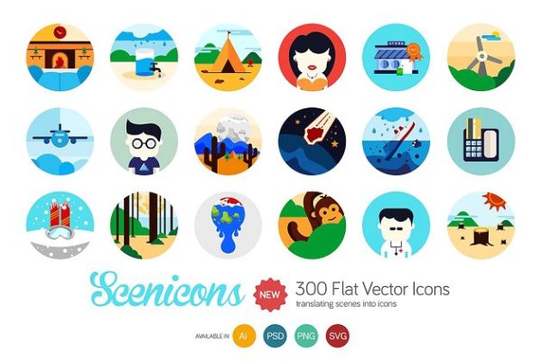 手绘插画图案扁平风格图标集合精选 Scenicons Flat icons – 300 icons