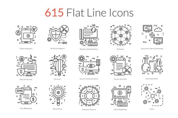 615枚扁平风线条系列图标合集精选 615 Flat Line Icons