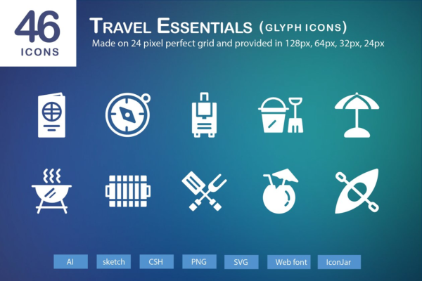 46个旅行必需品主题系列图标精选 46 Travel Essentials Glyph Icons