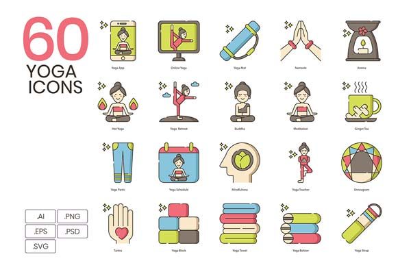 60个可爱的瑜伽相关元素高清实用图标精选[Ai]