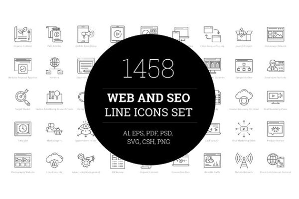 1458个Web&Seo网络营销主题线条图标 1458 Web and Seo Line Icons Set