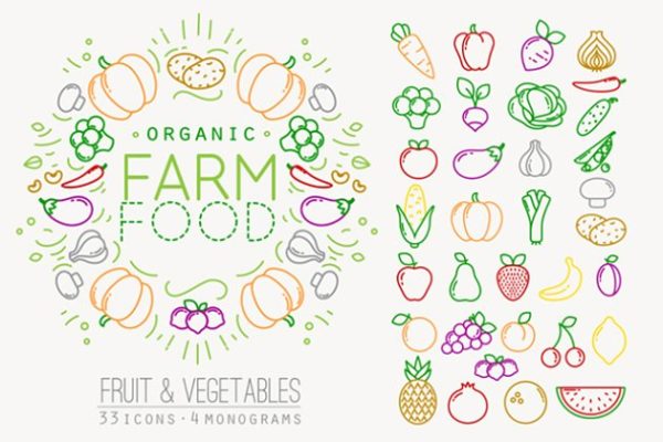 扁平化水果蔬菜食物元素插图 Flat Fruits & Vegetables Icons