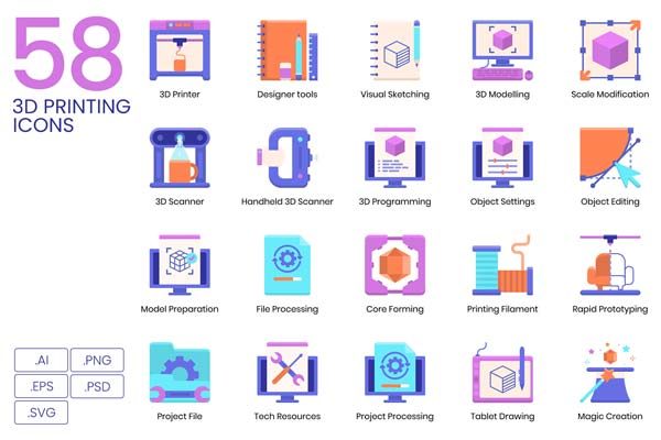 58个3D打印技术相关创意高清实用图标精选[Ai]