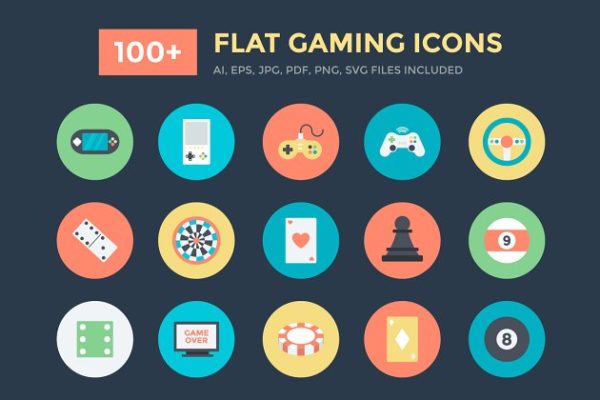 100+线下游戏扁平化矢量图标素材 100+ Flat Gaming Vector Icons