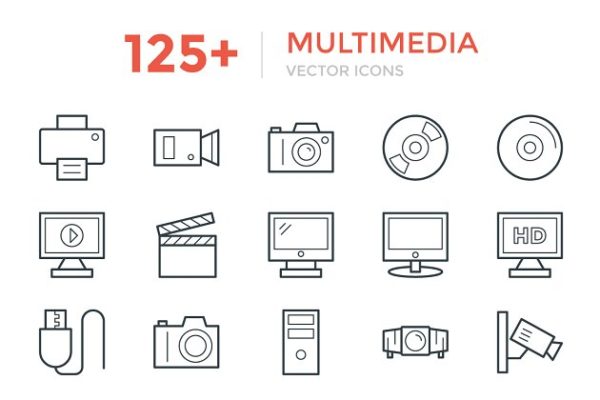 125+多媒体主题矢量图标素材 125+ Multimedia Vector Icons