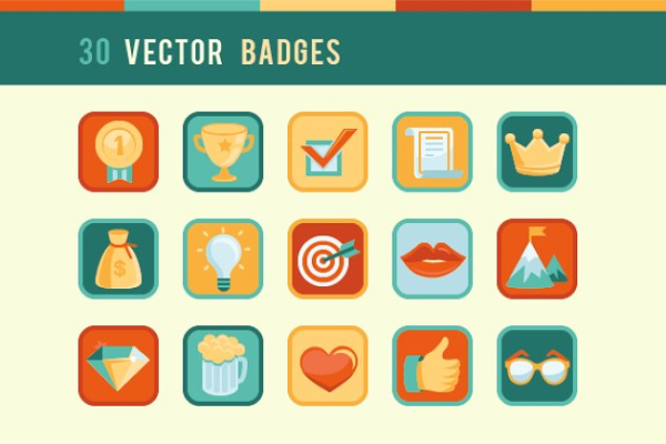30枚平面复古风格社区徽章和奖项小图标 30 Vector Community Badges and Award
