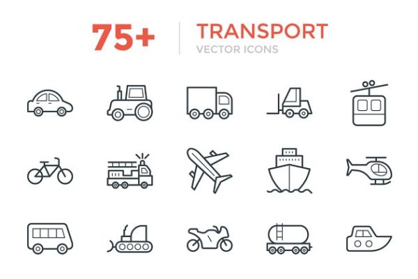 75+交通工具运输主题简笔画矢量图标素材 75+ Transport Vector Icons