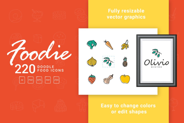 手绘卡通食品线条图标集合精选 Foodie – Food Hand Drawn Icons