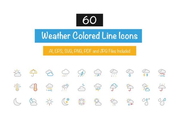 60个天气主题彩色线条图标集合精选
