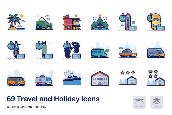 旅行假日主题概念矢量图标素材 Travel and holiday filled outline icons