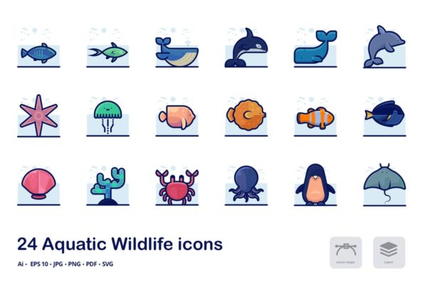 海洋水生野生动物矢量描边系列图标合集精选 Aquatic Wildlife Detailed filled outline icons