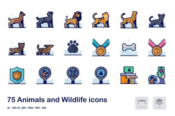 动物世界描边矢量系列图标合集精选 Animals Detailed Filled Outline Icons