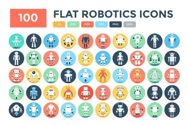 100枚扁平化设计机器人矢量图标素材 100 Flat Robotics Vector Icons