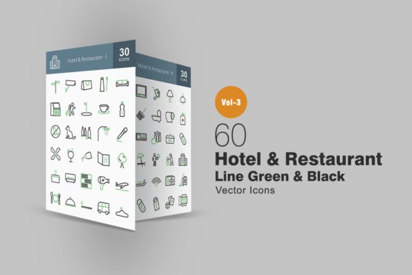 60枚酒店&餐厅线条图标素材 60 Hotel & Restaurant Line Green & Black Icons
