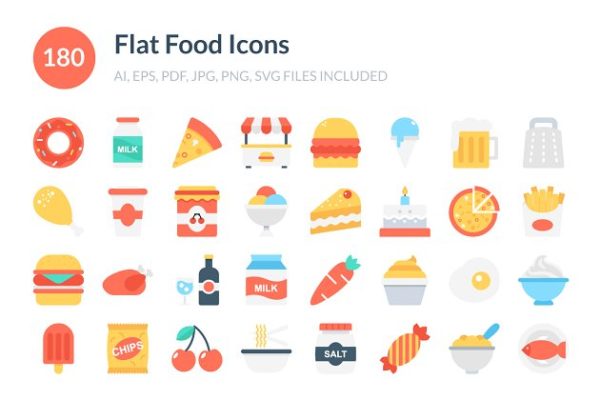 180枚美食食品主题扁平化设计高清实用图标精选 180 Flat Food Icons