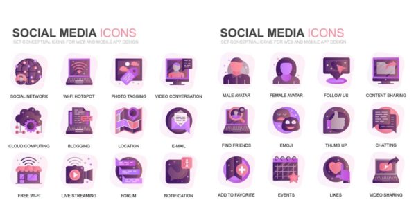 现代扁平化渐变设计风格社交媒体主题系列图标精选素材