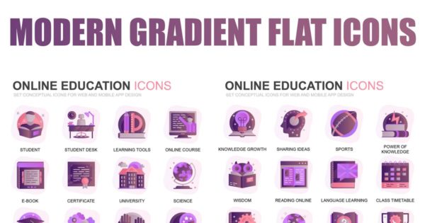 现代扁平化渐变设计风格在线教育职业培训主题系列图标精选素材