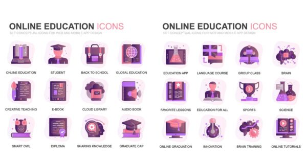 现代扁平化渐变设计风格在线教育&网上培训主题系列图标精选素材