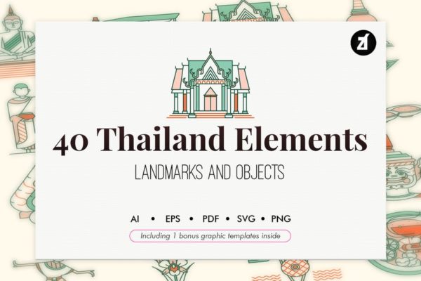 40款泰国地标/元素矢量图标设计素材 40 Thailand elements with bonus graphic template