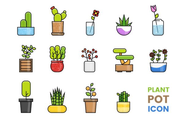 植物盆栽彩色矢量图标设计素材 Plant Pot Icon