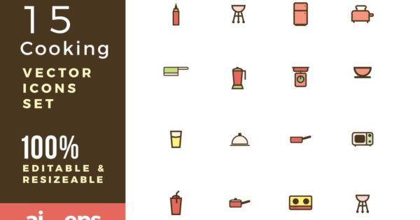 15枚厨房烹饪美食主题矢量图标素材 15 Cooking vector icons