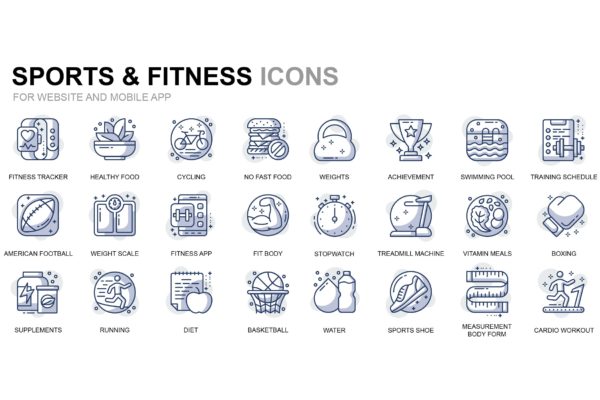 运动/健身主题线性图标矢量图标设计素材 Sport and Fitness Thin Line Icons