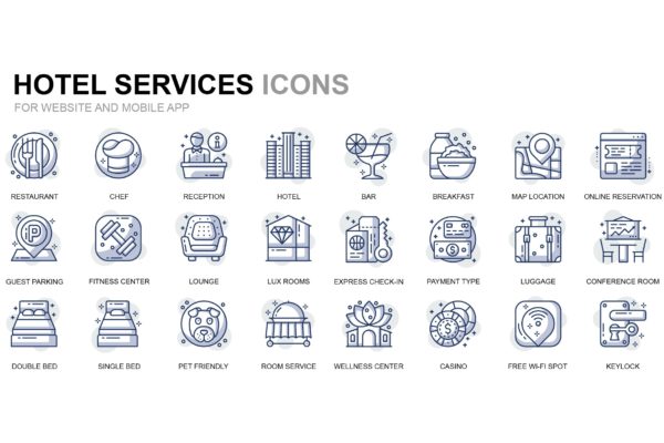酒店服务主题线性图标矢量图标设计素材 Hotel Service Thin Line Icons
