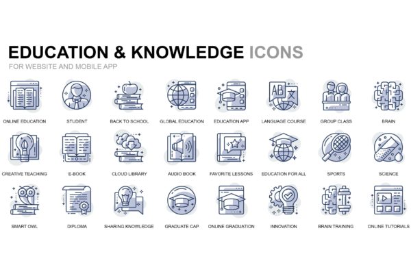 教育和知识主题线性图标矢量图标设计素材 Education and Knowledge Thin Line Icons