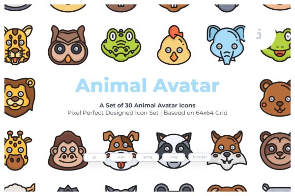 30枚动物手绘卡通头像彩色矢量图标素材 30 Animal Avatar Icons