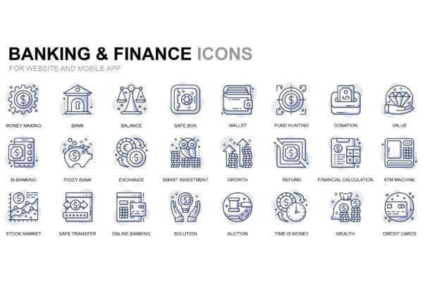 银行&金融主题细线图标线性图标集合精选 Banking and Finance Thin Line Icons
