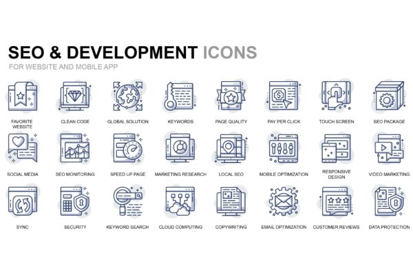 SEO优化&网站开发主题细线图标素材 Seo and Development Thin Line Icons
