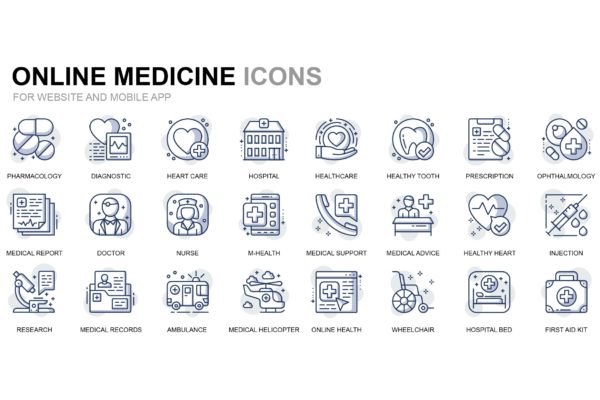 医疗保健主题细线图标矢量图标设计素材 Healthcare and Medical Thin Line Icons
