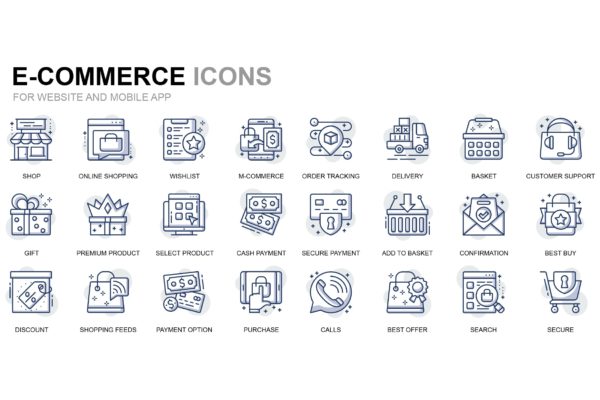电子商务&购物主题细线图标素材 E-Commerce and Shopping Thin Line Icons