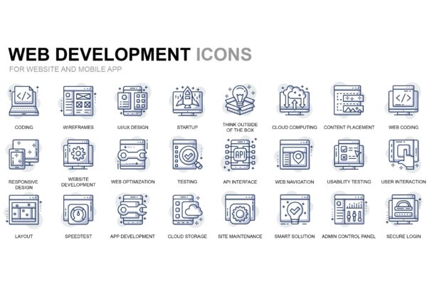 Web开发主题细线线性矢量图标设计素材 Web Development Thin Line Icons
