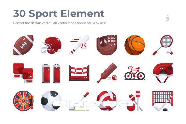 30枚体育运动器械彩色矢量图标设计素材 30 Sport Element Icons – Flat