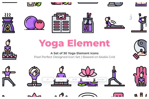 30枚瑜伽运动元素彩色矢量图标设计素材 30 Yoga Element Icons