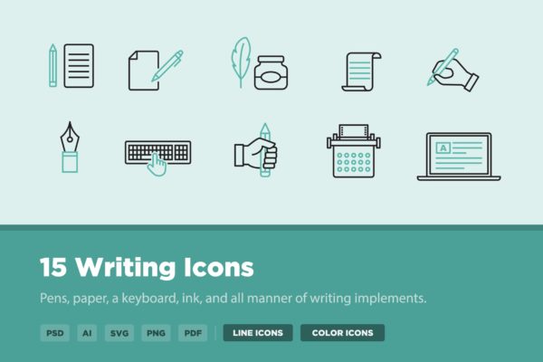 15枚写作艺术创作主题矢量图标素材 15 Writing Icons