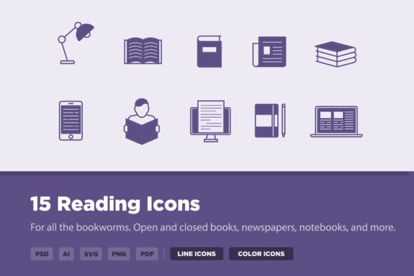 15枚图书阅读主题矢量图标设计素材 15 Reading Icons