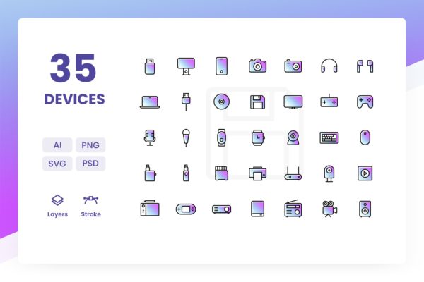 35枚办公设备渐变色矢量图标设计素材 Devices – Icons Pack (Gradient)