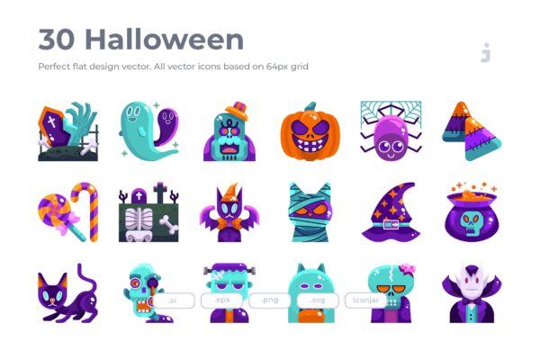 30枚扁平设计风格万圣节节日主题系列图标精选素材 30 Halloween Icons – Flat