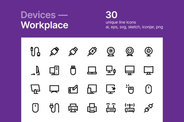 办公设备矢量线性图标素材 Devices — Workplace