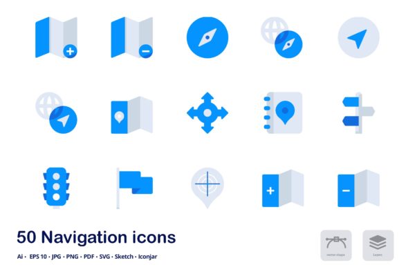 地图导航UI设计双色调扁平化矢量图标素材 Navigation Accent Duo Tone Flat Icons